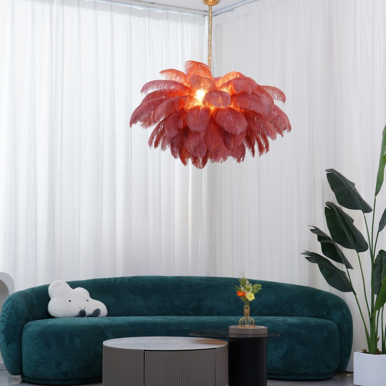 Lustra Chandelier Ostrich Feather Large Brass Stem