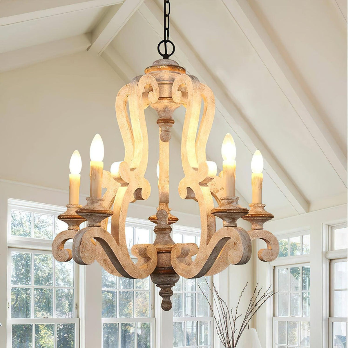Lustra Chandelier Wooden Candle Mid-Century