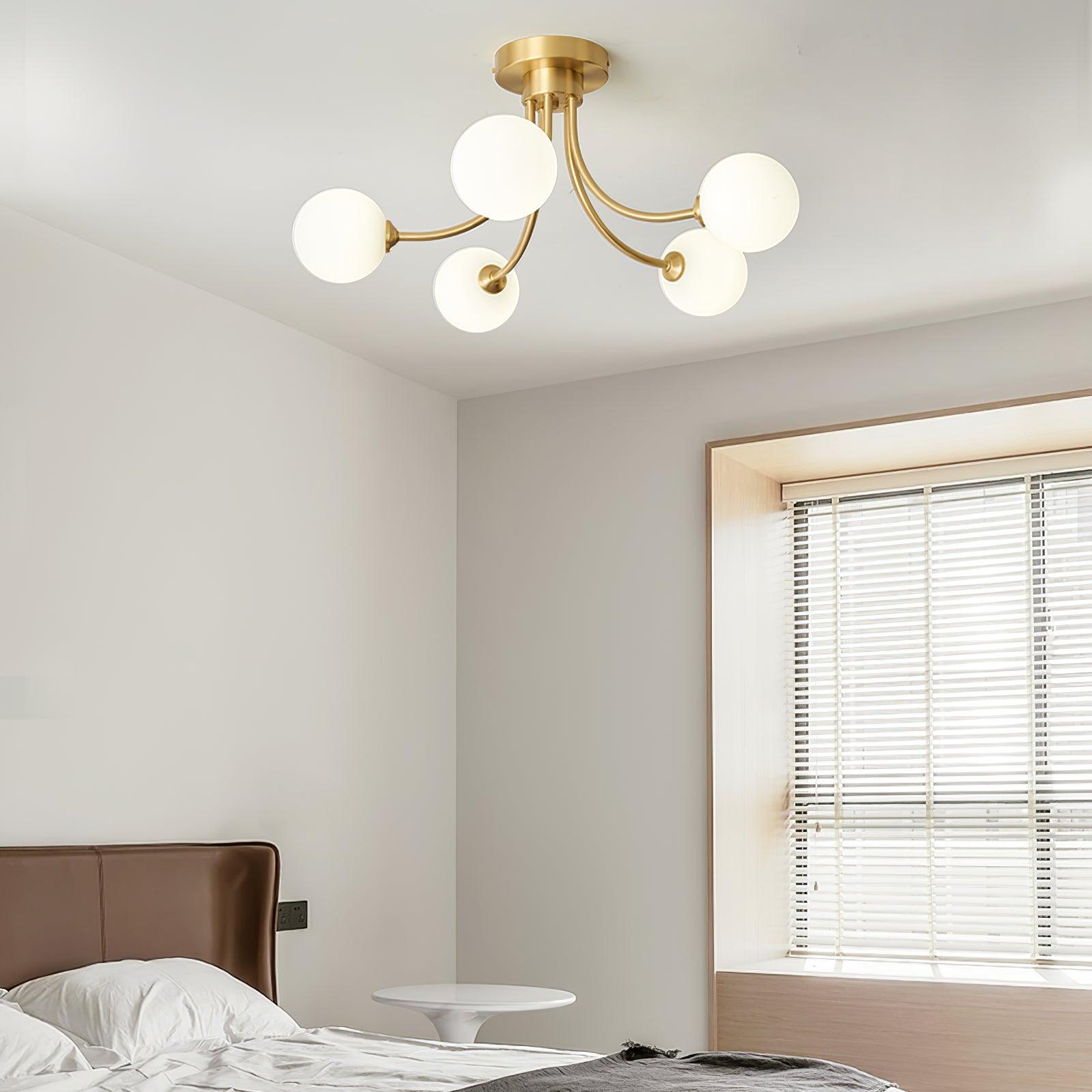 Ceiling Light Brass Branching Arms Opal Globe Shades Modern Elegant