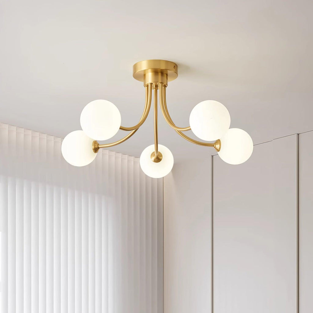 Ceiling Light Brass Branching Arms Opal Globe Shades Modern Elegant