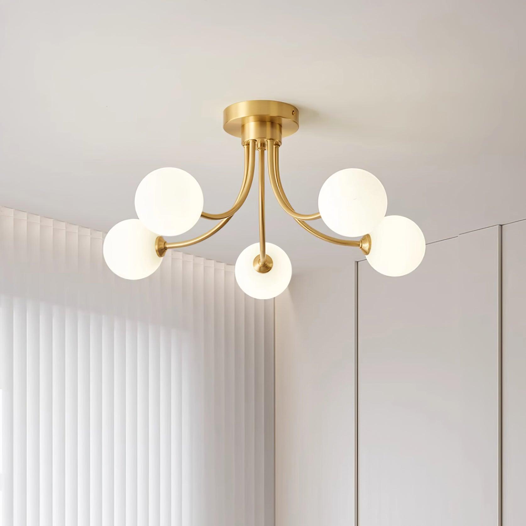 Ceiling Light Brass Branching Arms Opal Globe Shades Modern Elegant
