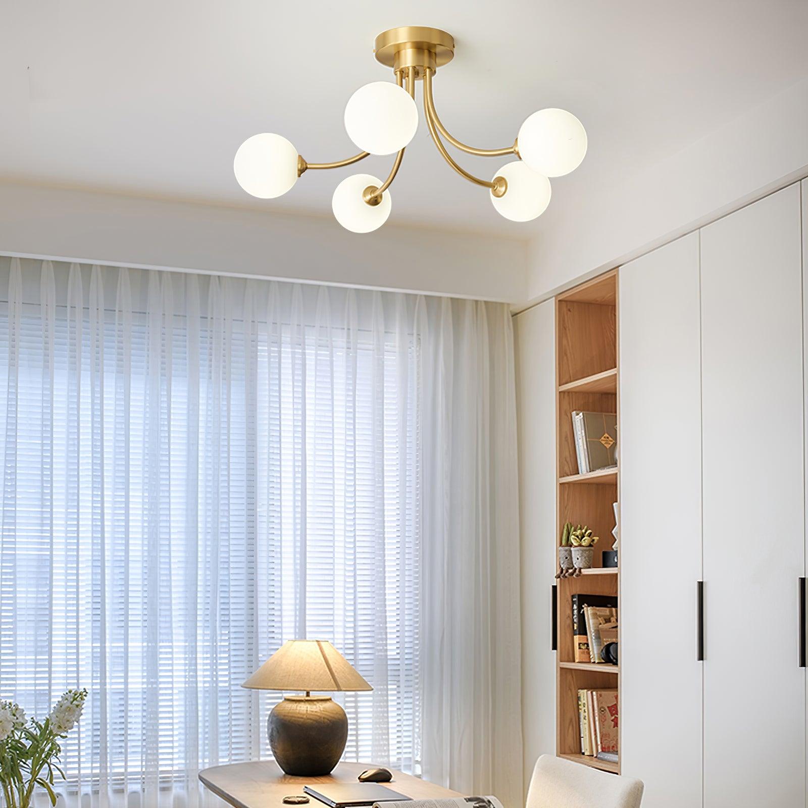 Ceiling Light Brass Branching Arms Opal Globe Shades Modern Elegant