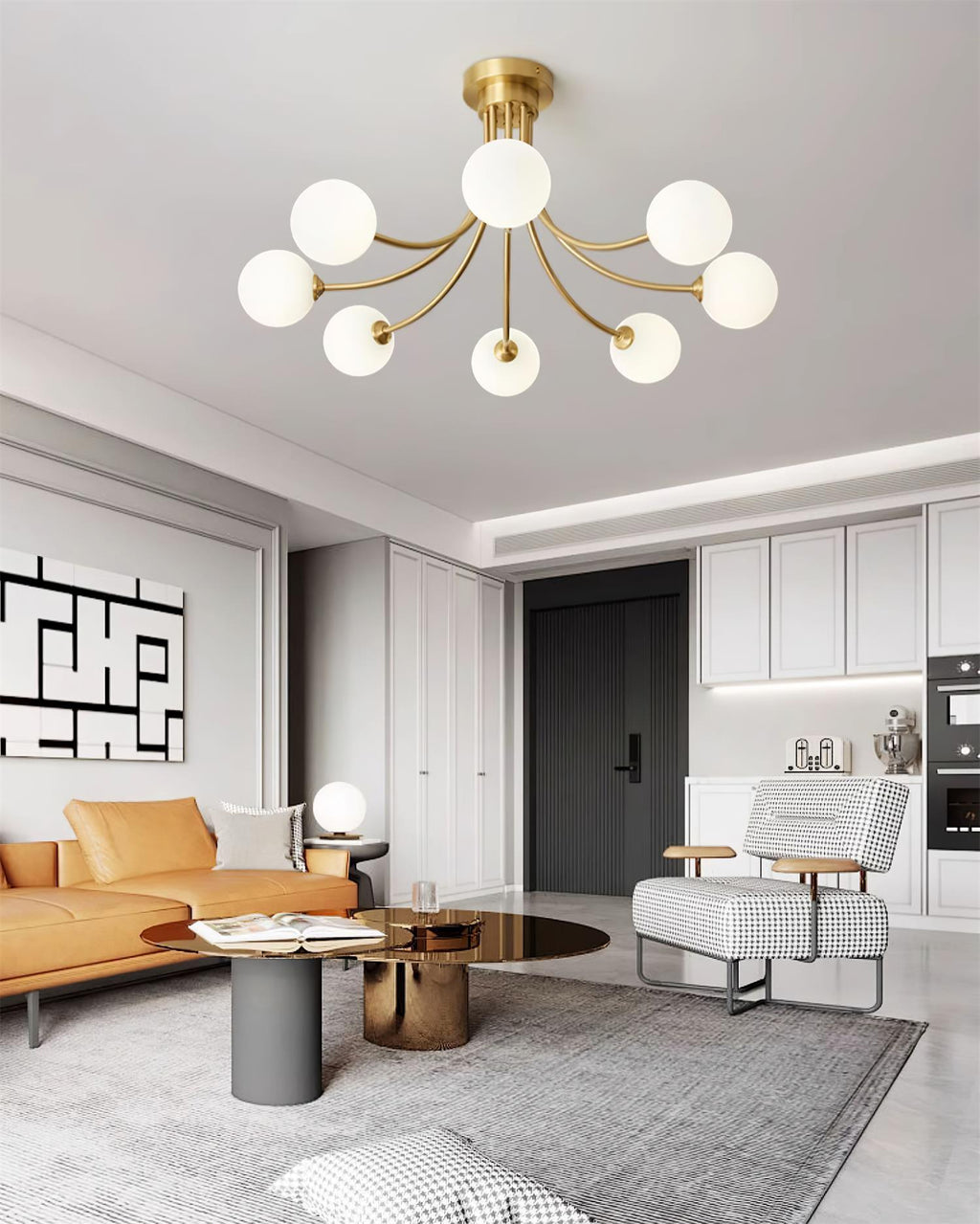 Ceiling Light Brass Branching Arms Opal Globe Shades Modern Elegant
