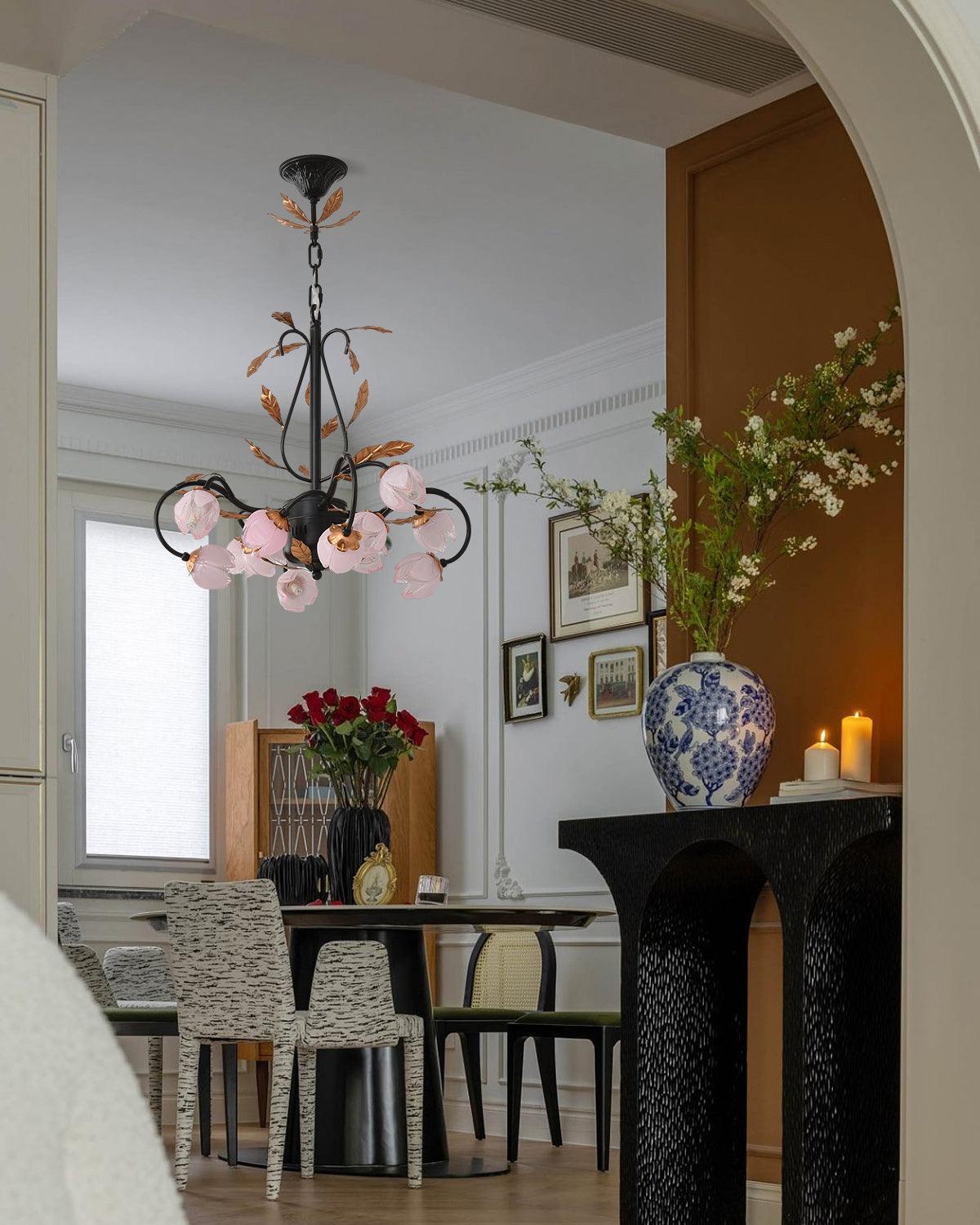Avelora Vintage Industrial Tulip Pink Glass Chandelier