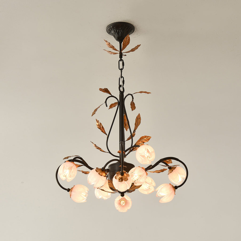 Avelora Vintage Industrial Tulip Pink Glass Chandelier