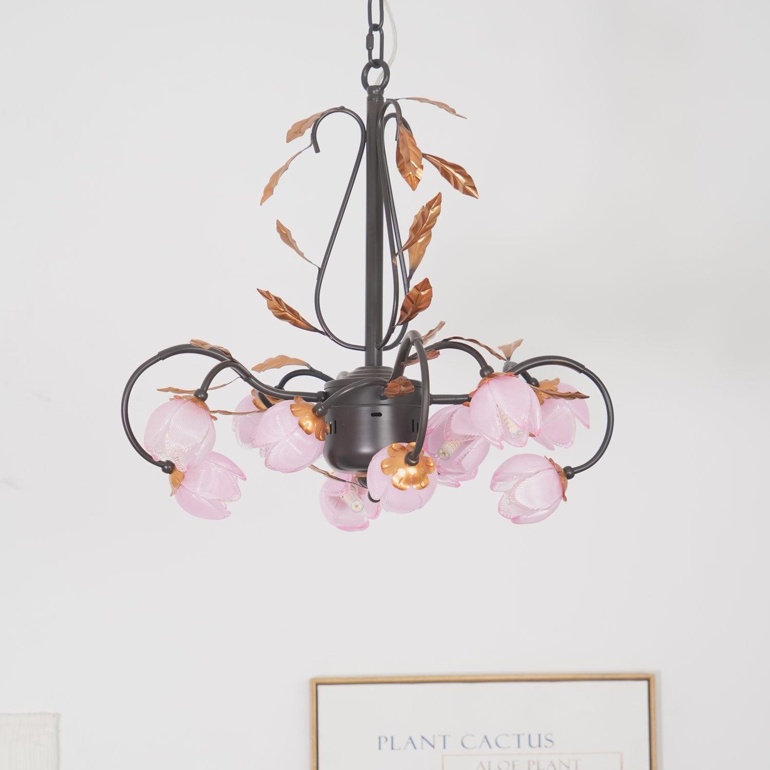 Avelora Vintage Industrial Tulip Pink Glass Chandelier