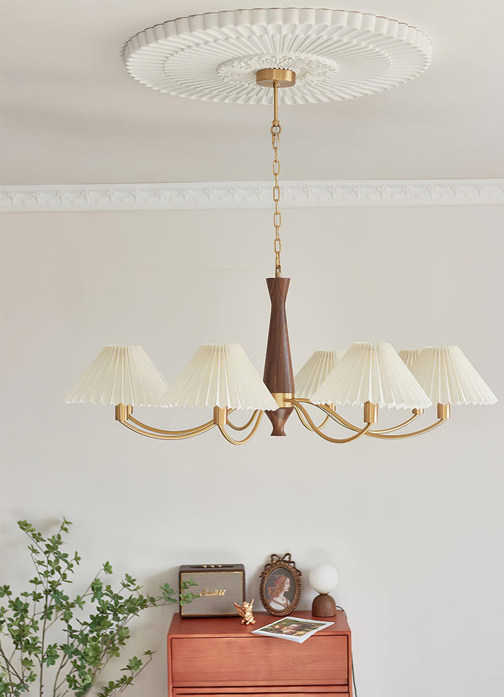 Lustra Chandelier Pleated with White Lampshades Mid-Century