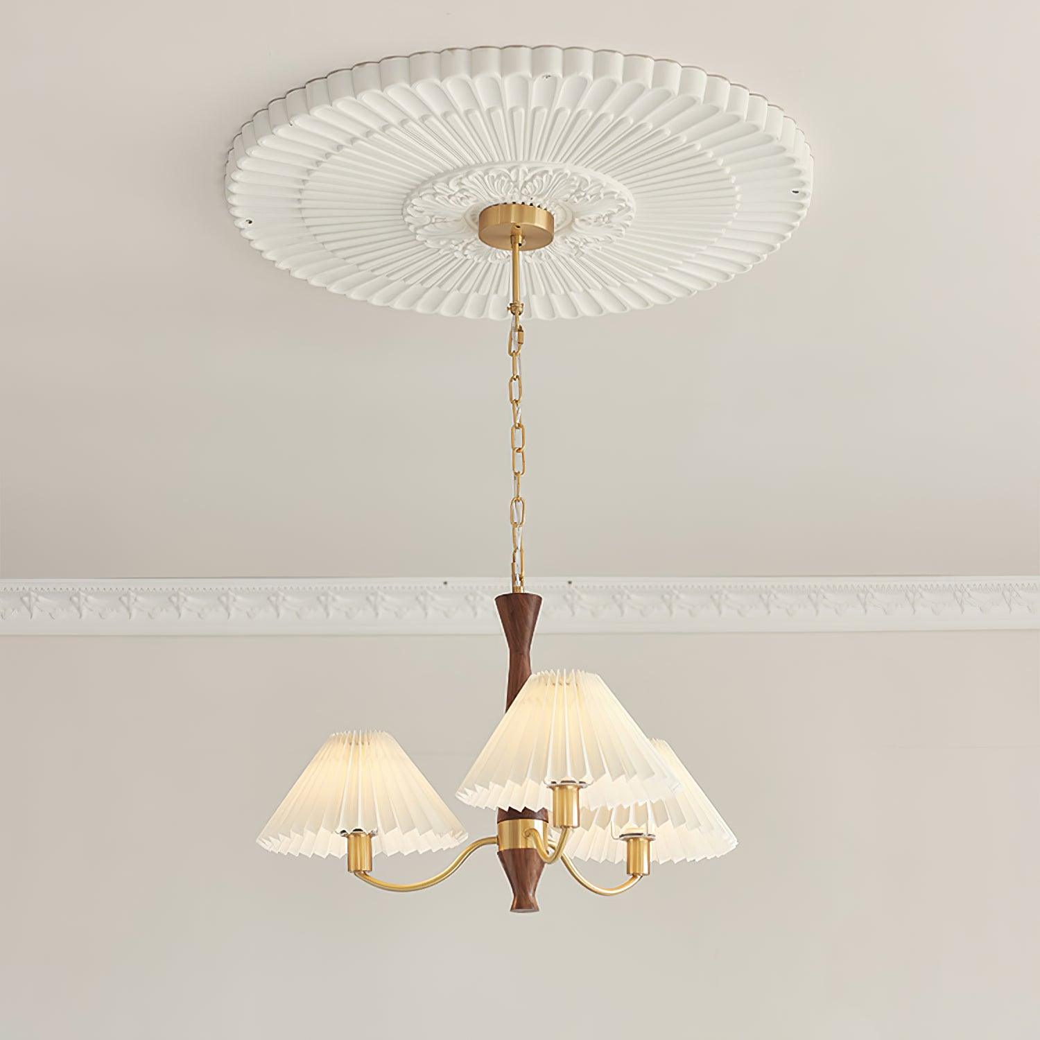 Lustra Chandelier Pleated with White Lampshades Mid-Century