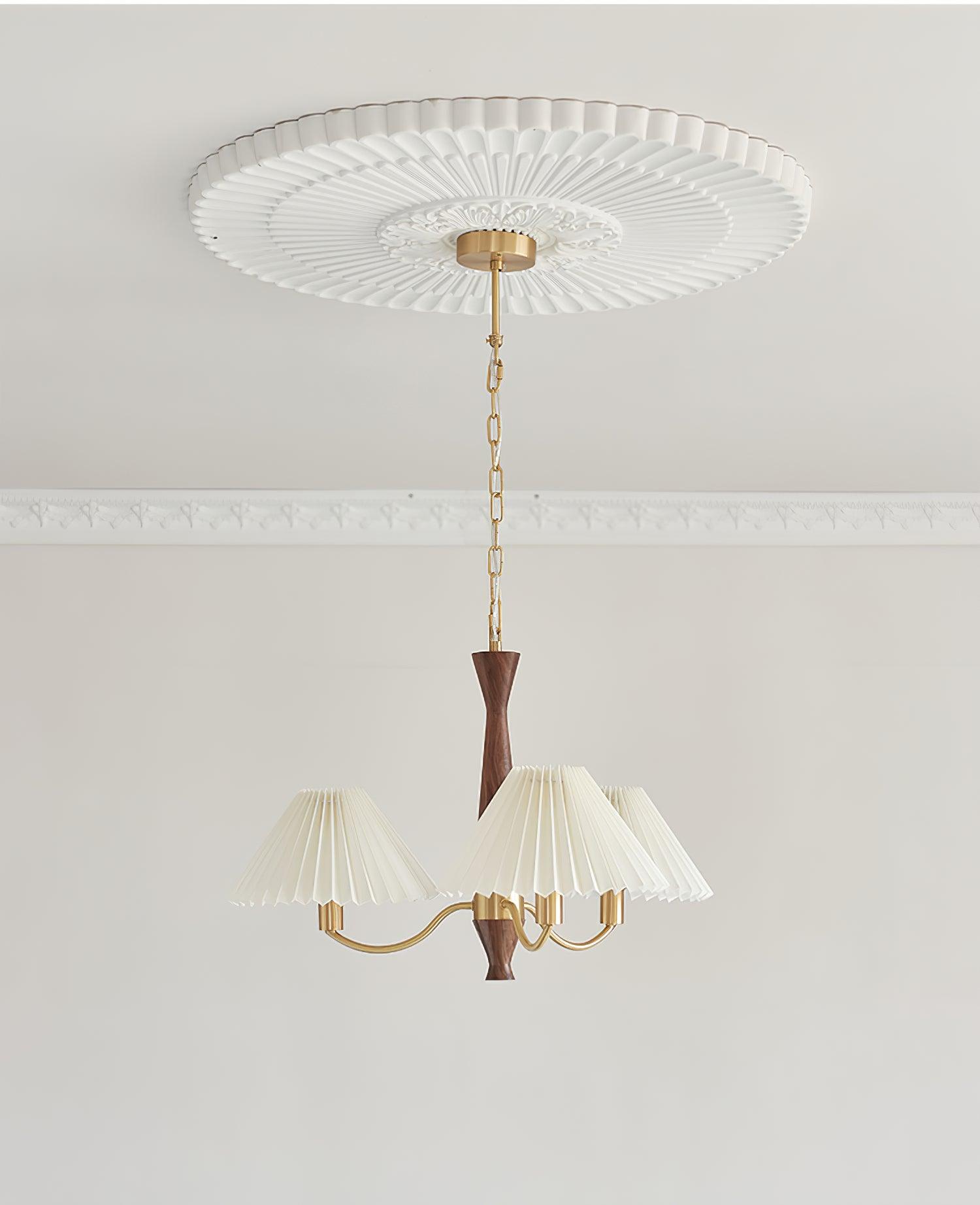 Lustra Chandelier Pleated with White Lampshades Mid-Century