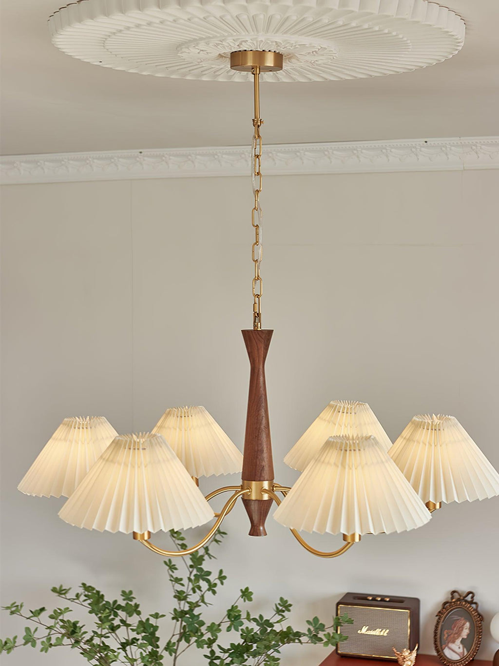 Lustra Chandelier Pleated with White Lampshades Mid-Century