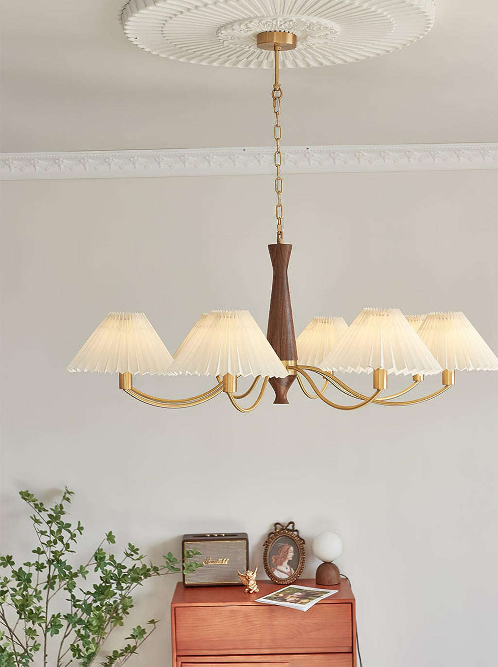 Lustra Chandelier Pleated with White Lampshades Mid-Century