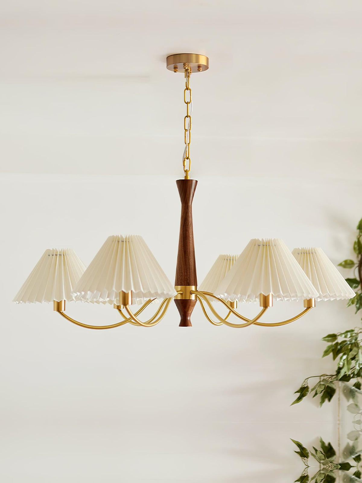Lustra Chandelier Pleated with White Lampshades Mid-Century