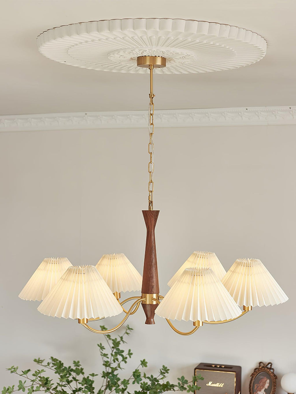 Lustra Chandelier Pleated with White Lampshades Mid-Century