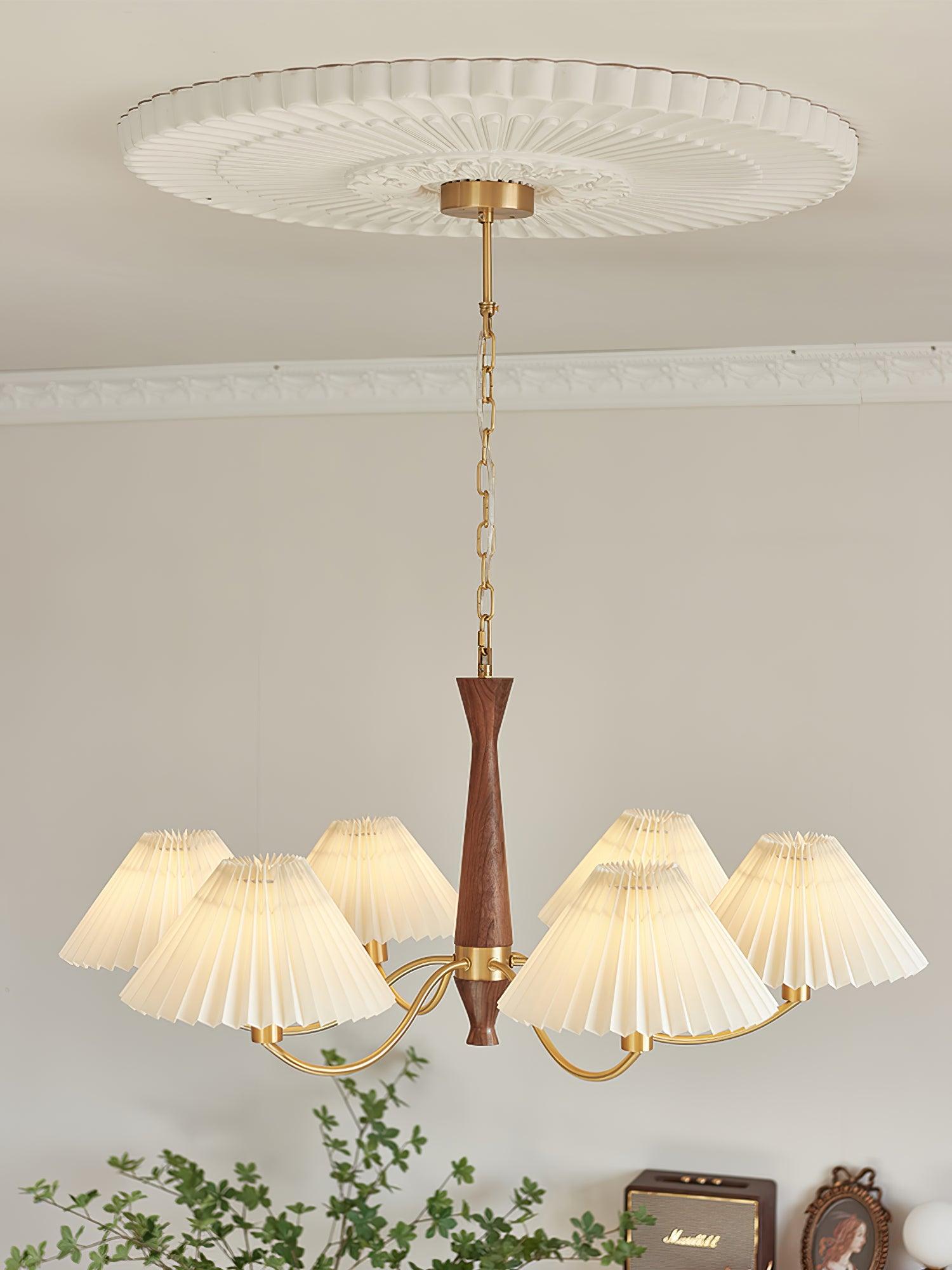 Lustra Chandelier Pleated with White Lampshades Mid-Century