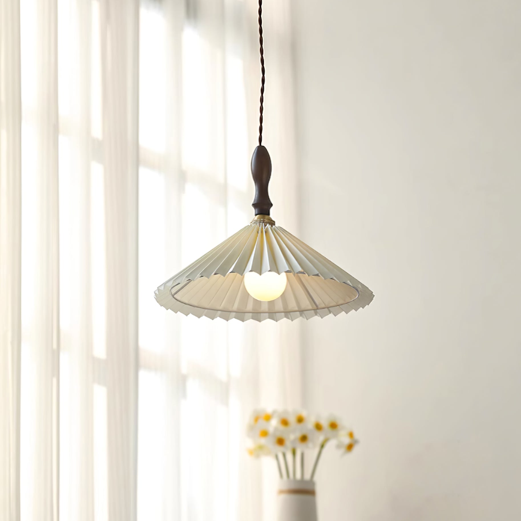 Eldora Pleated Shade Plug-In Pendant Light with Wooden Accent