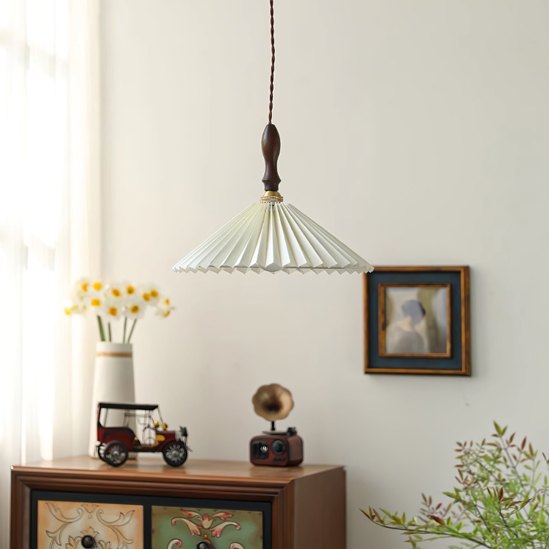 Eldora Pleated Shade Plug-In Pendant Light with Wooden Accent