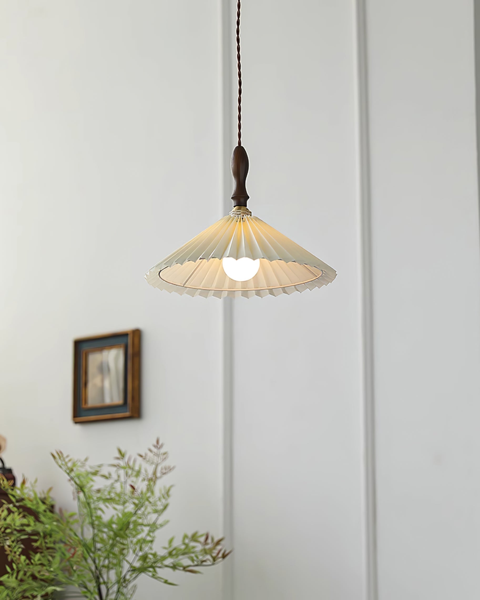 Eldora Pleated Shade Plug-In Pendant Light with Wooden Accent