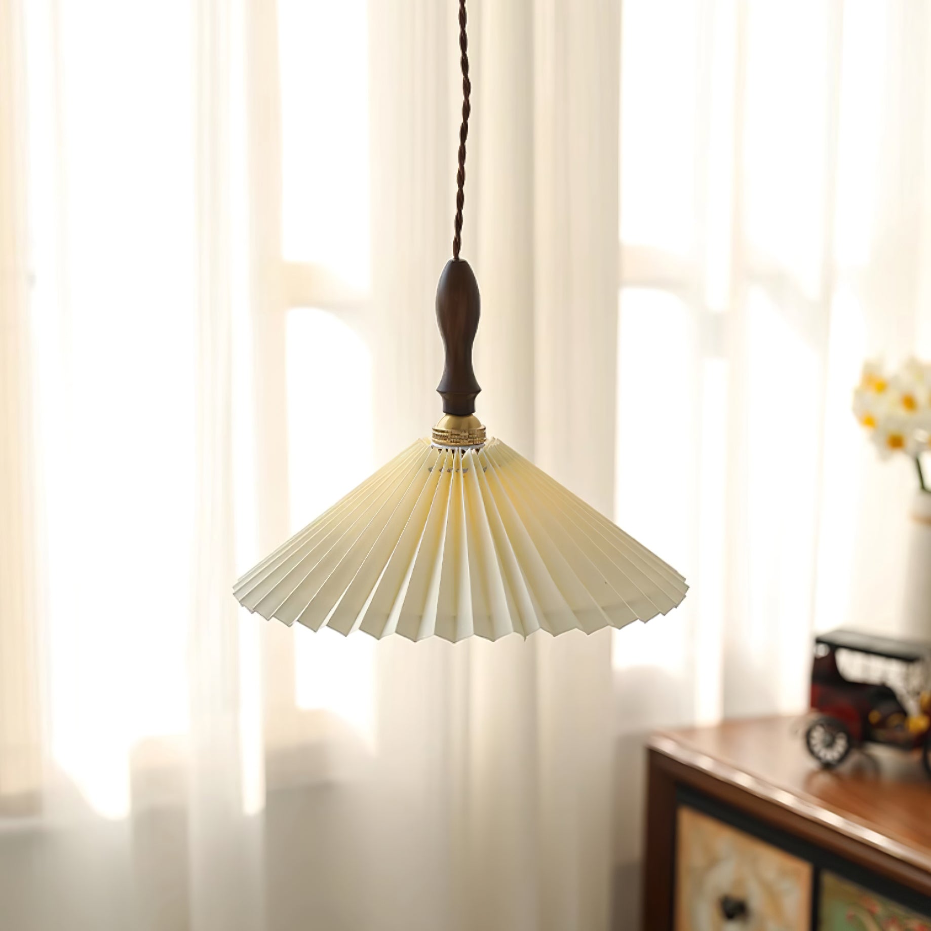 Eldora Pleated Shade Plug-In Pendant Light with Wooden Accent