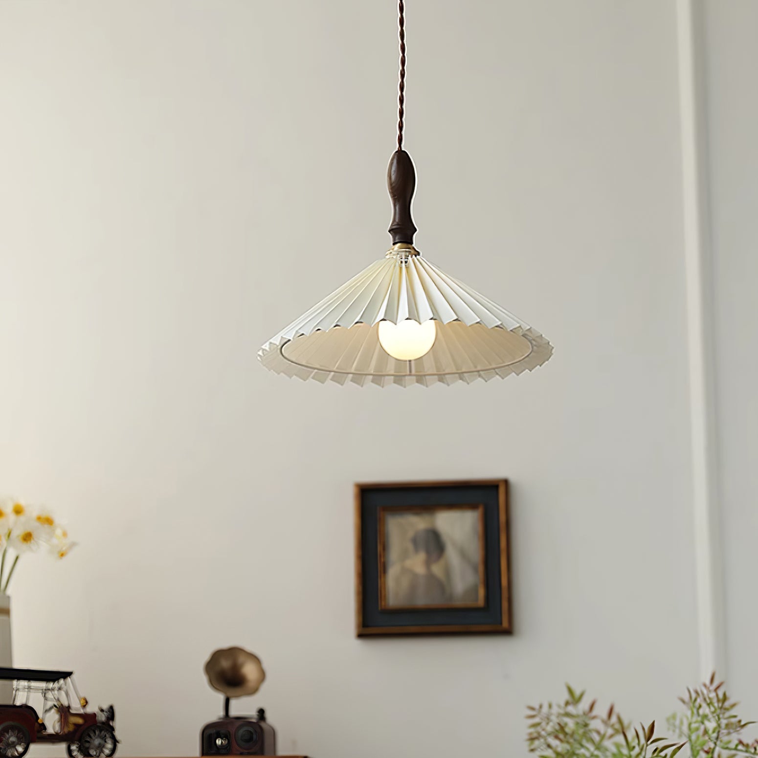 Eldora Pleated Shade Plug-In Pendant Light with Wooden Accent
