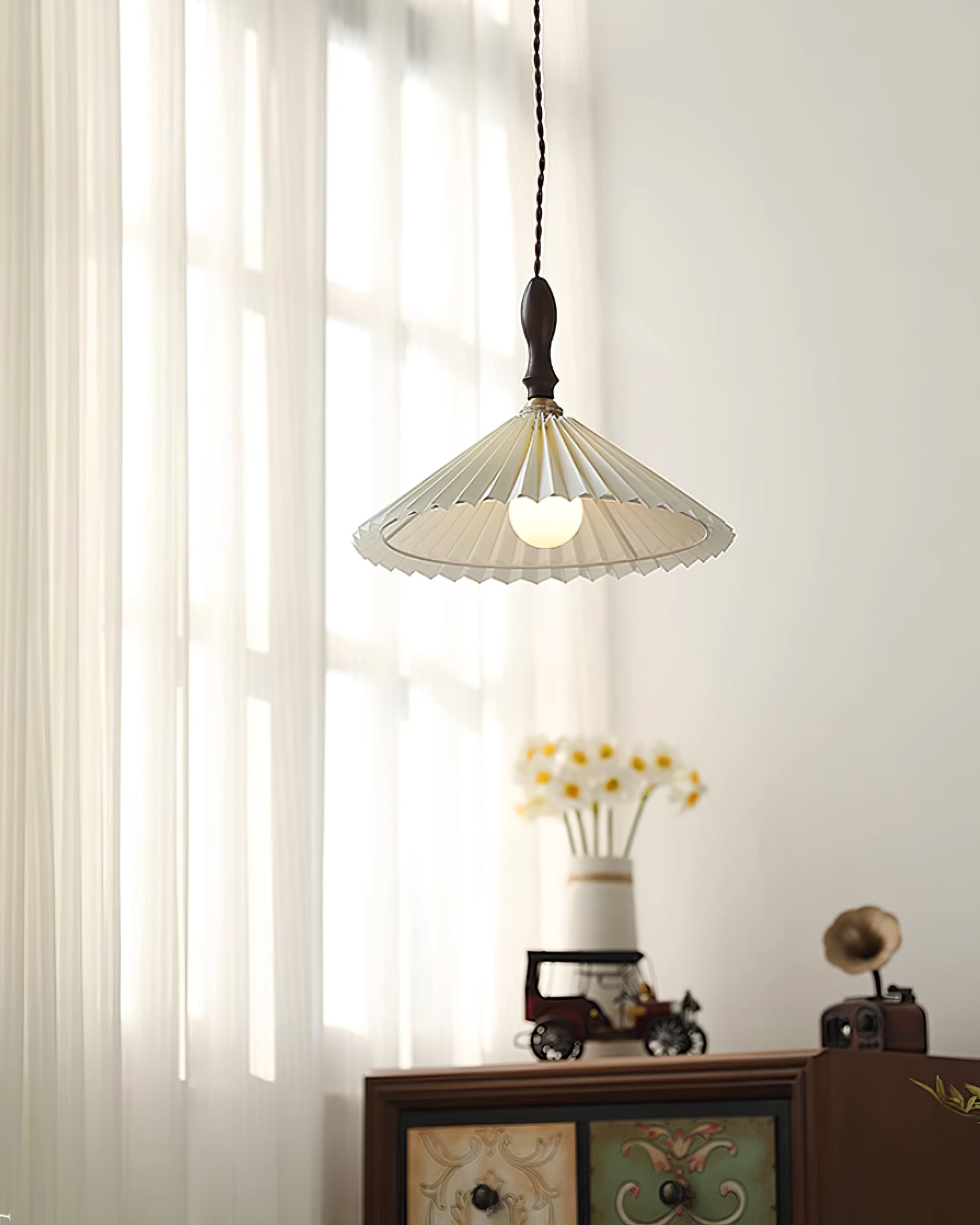 Eldora Pleated Shade Plug-In Pendant Light with Wooden Accent