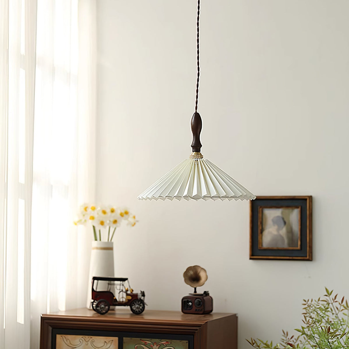 Eldora Pleated Shade Plug-In Pendant Light with Wooden Accent