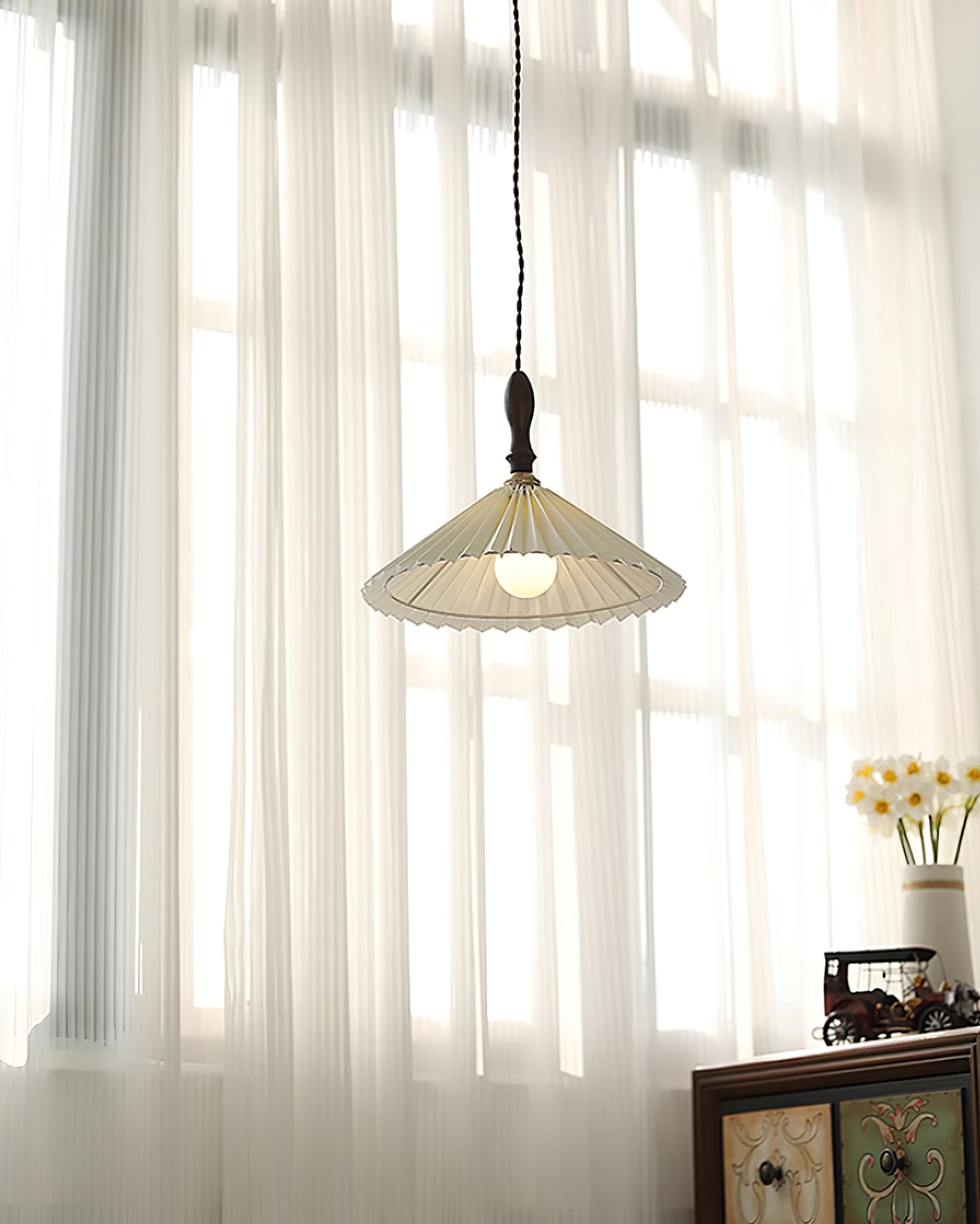 Eldora Pleated Shade Plug-In Pendant Light with Wooden Accent