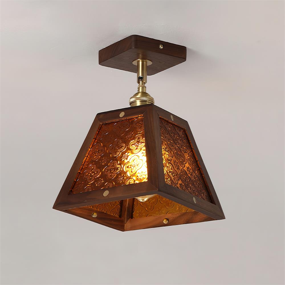 Radia Ceiling Lamp Wooden Frame Glass Panels Geometric