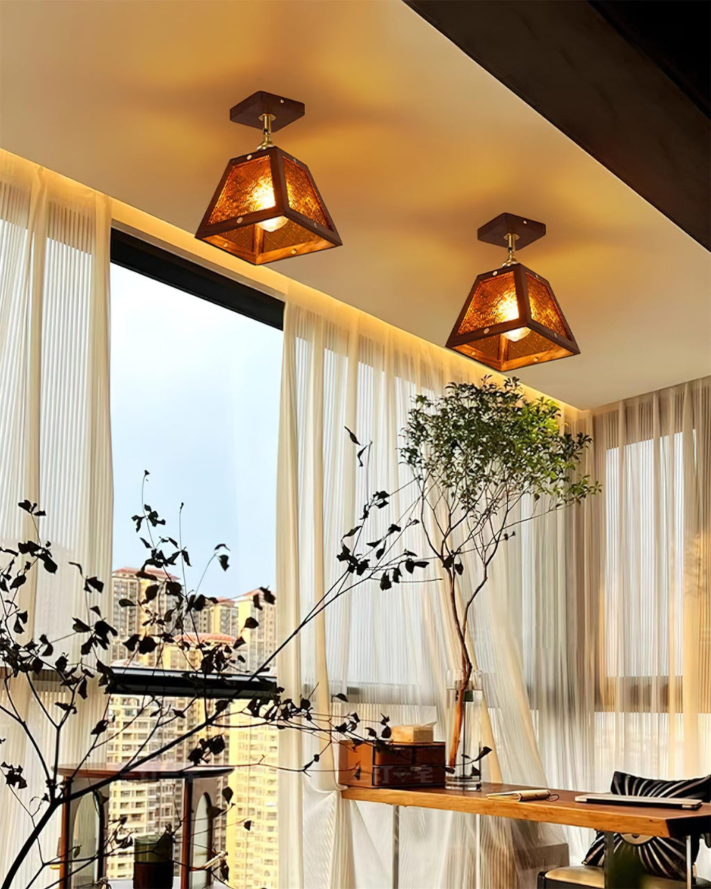 Radia Ceiling Lamp Wooden Frame Glass Panels Geometric