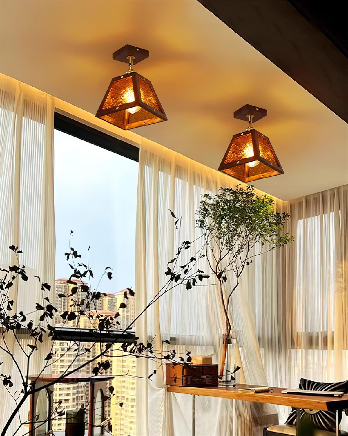 Radia Ceiling Lamp Wooden Frame Glass Panels Geometric