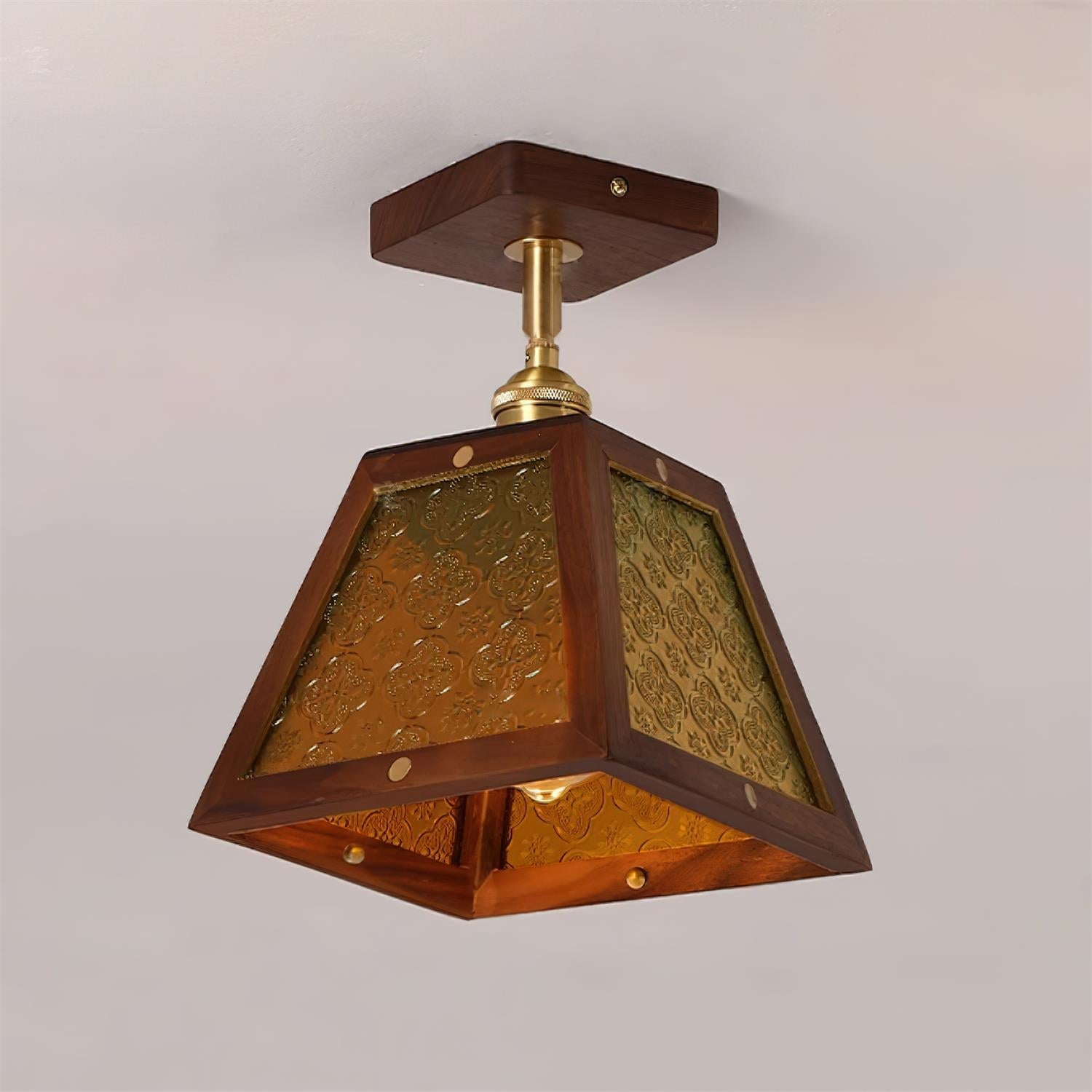 Radia Ceiling Lamp Wooden Frame Glass Panels Geometric