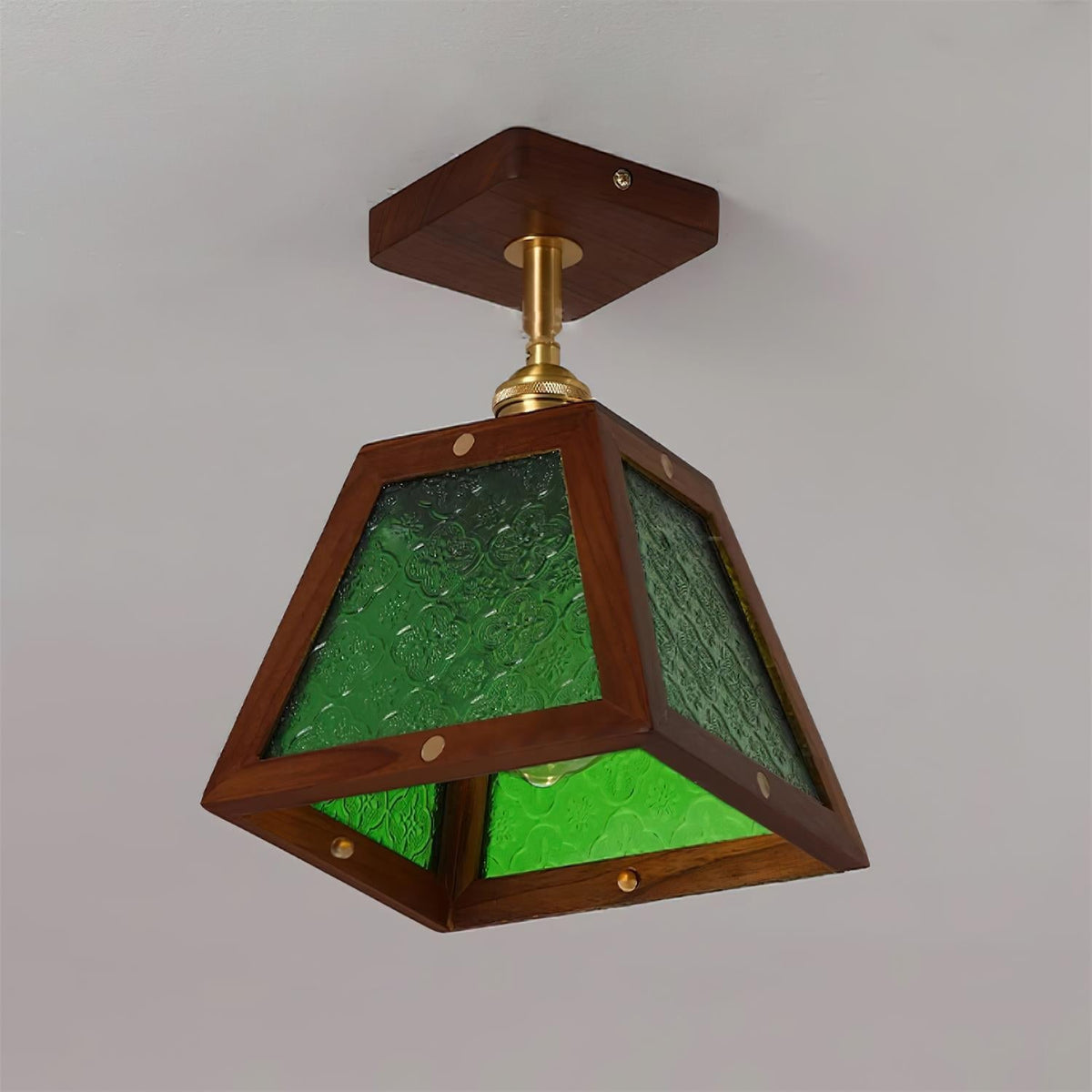 Radia Ceiling Lamp Wooden Frame Glass Panels Geometric