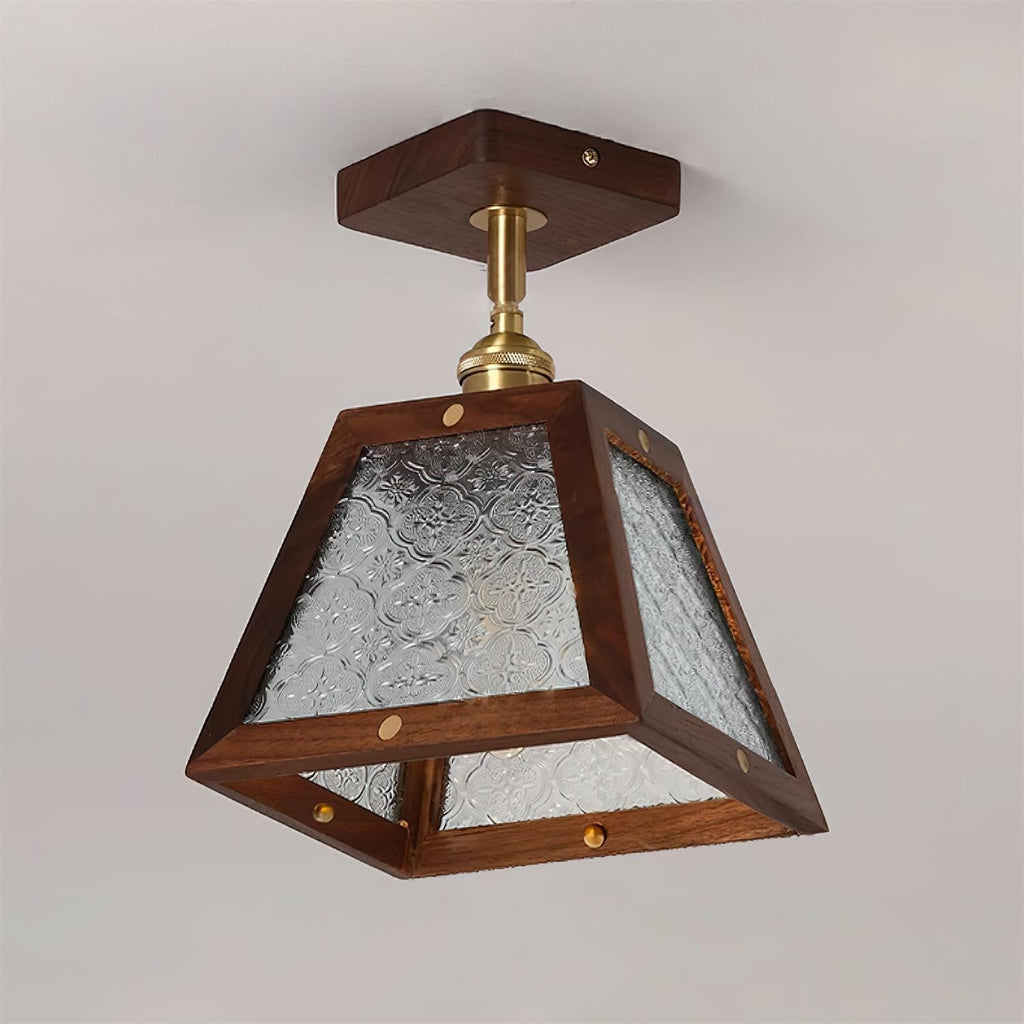 Radia Ceiling Lamp Wooden Frame Glass Panels Geometric