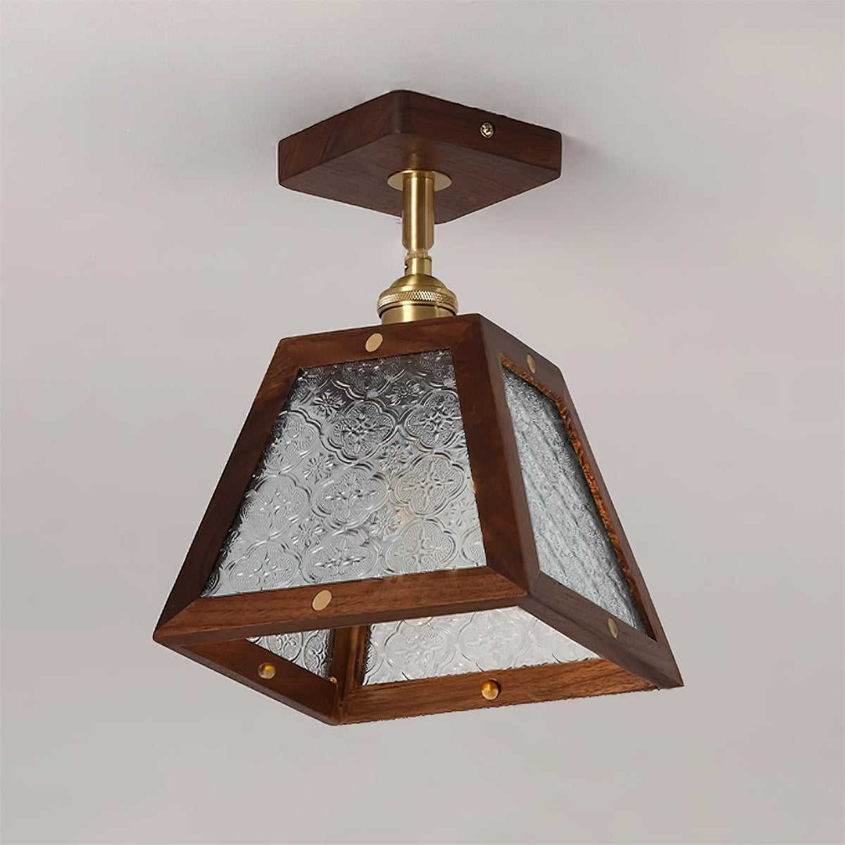 Radia Ceiling Lamp Wooden Frame Glass Panels Geometric