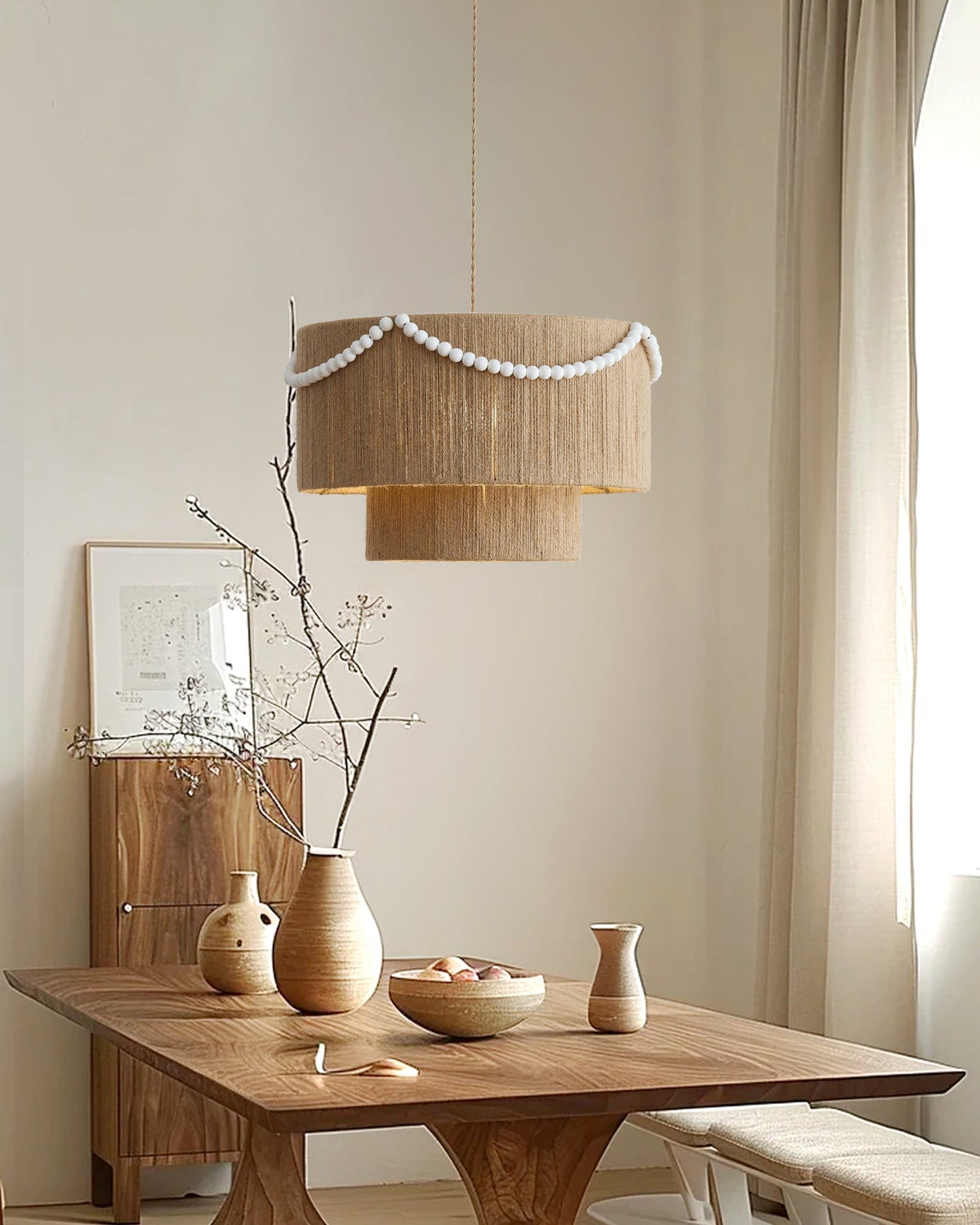 Raffine Pendant Lamp with Jute Drum & Beaded