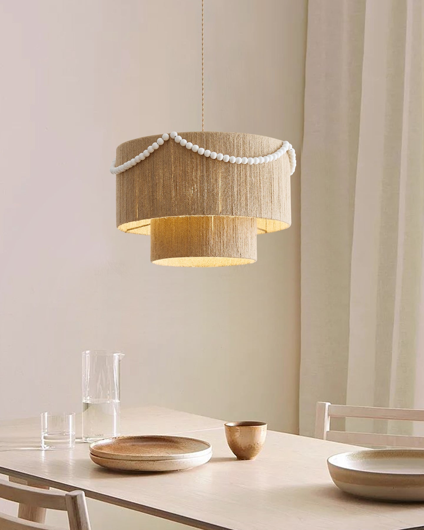 Raffine Pendant Lamp with Jute Drum & Beaded