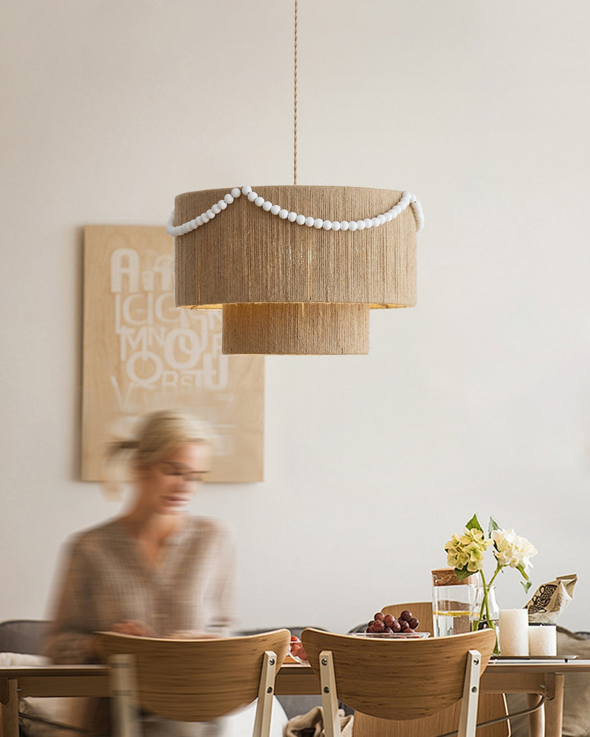 Raffine Pendant Lamp with Jute Drum & Beaded