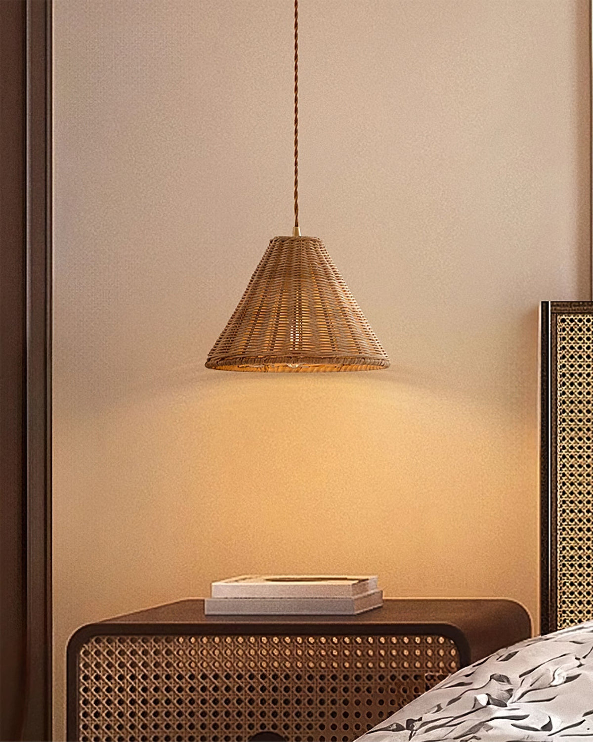 Pendant Lamp Rattan Shade and Body Cone Shape Natural Minimalist