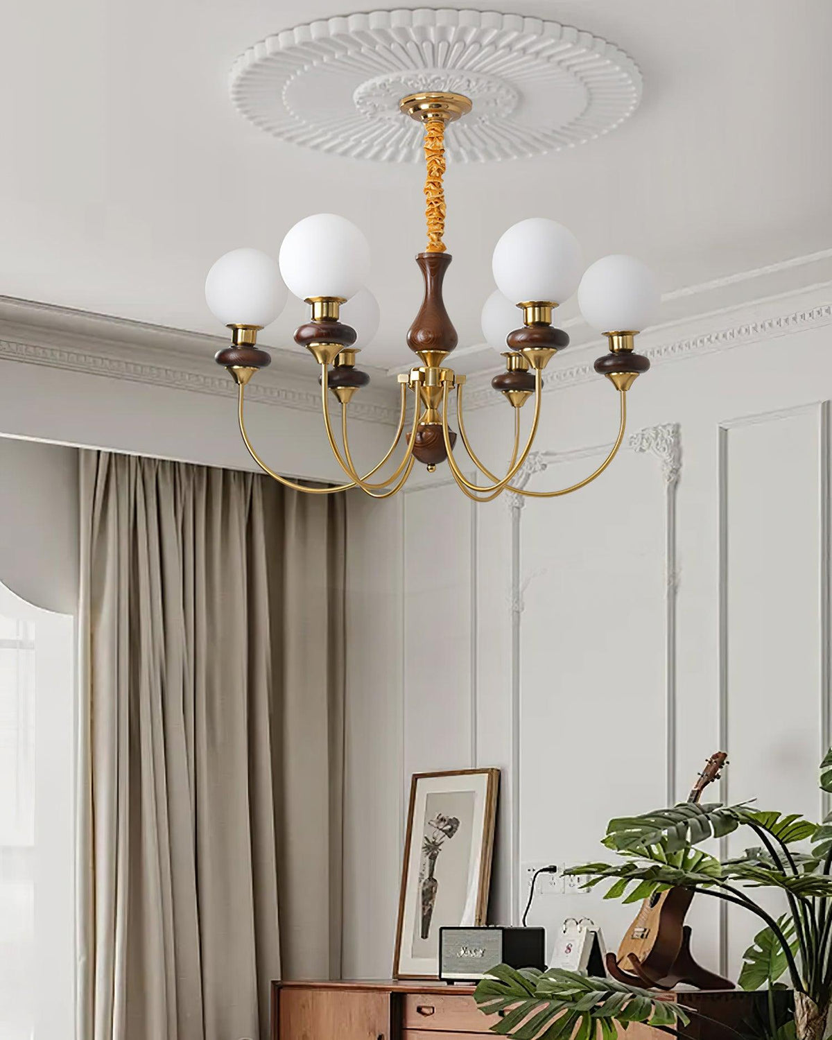 Chandelier Brass Curved Arms Walnut Vintage Elegant