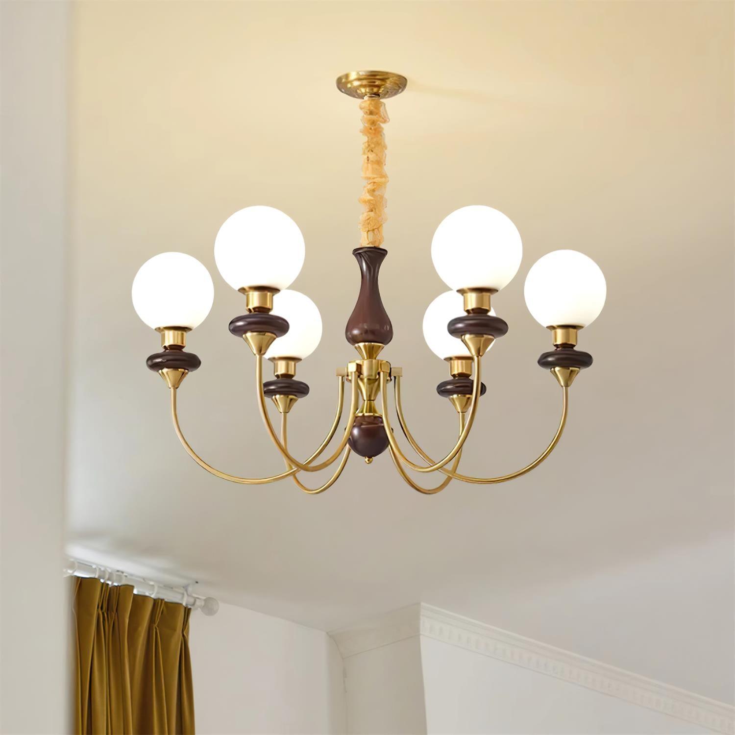 Chandelier Brass Curved Arms Walnut Vintage Elegant