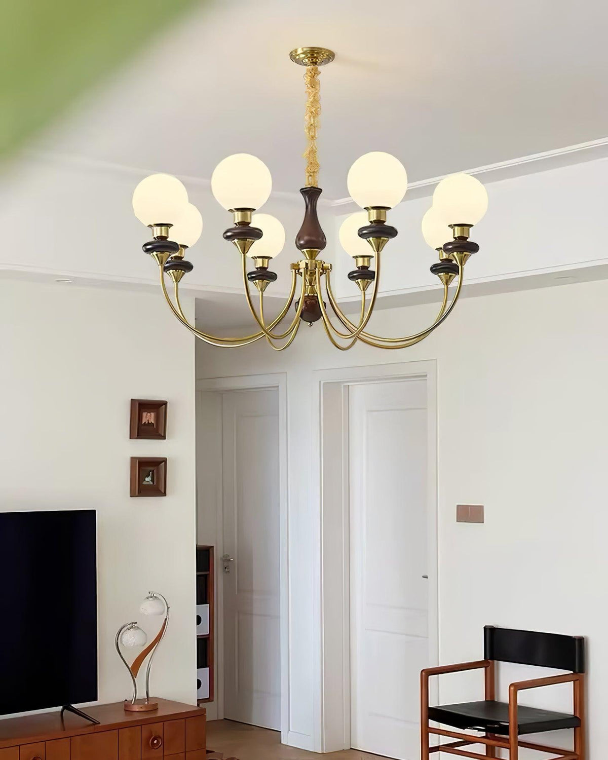 Chandelier Brass Curved Arms Walnut Vintage Elegant