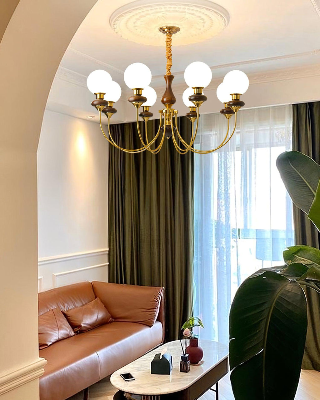 Chandelier Brass Curved Arms Walnut Vintage Elegant