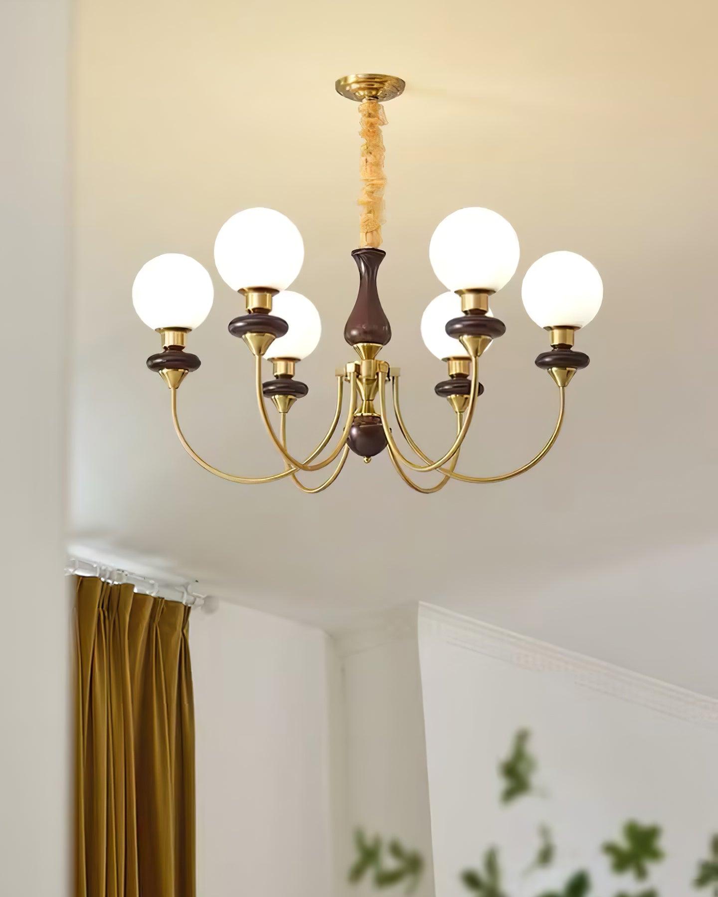 Chandelier Brass Curved Arms Walnut Vintage Elegant