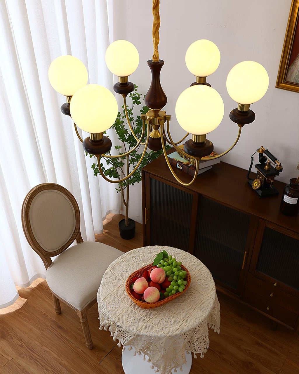 Chandelier Brass Curved Arms Walnut Vintage Elegant