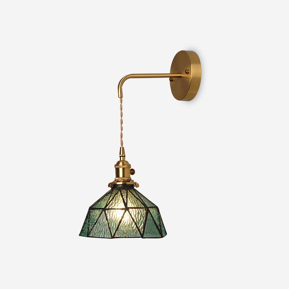 Wall Lamp Geometric Stained Glass Shade Vintage Brass Arm Pastoral