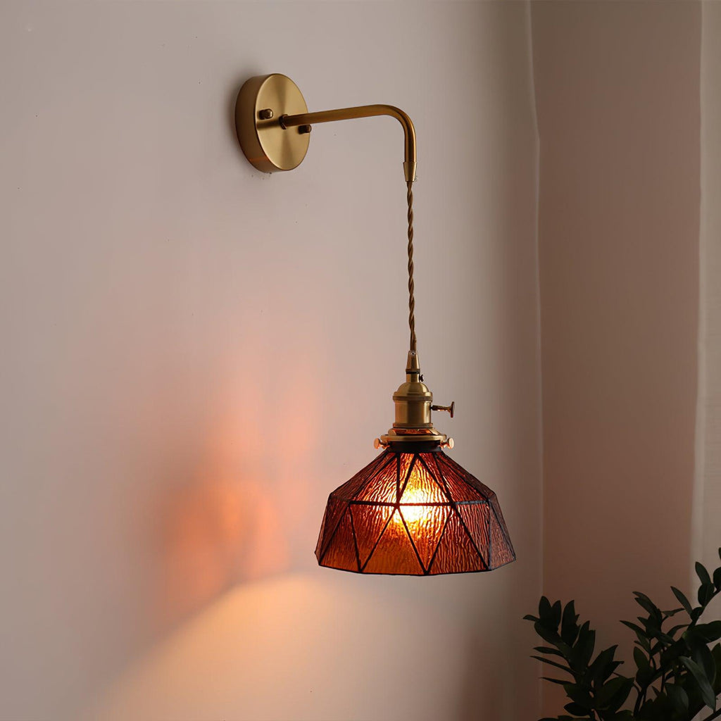 Wall Lamp Geometric Stained Glass Shade Vintage Brass Arm Pastoral