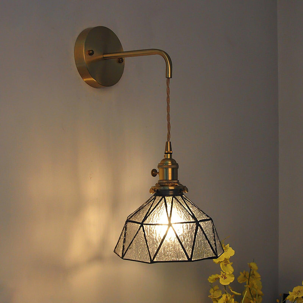 Wall Lamp Geometric Stained Glass Shade Vintage Brass Arm Pastoral