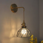 Wall Lamp Geometric Stained Glass Shade Vintage Brass Arm Pastoral