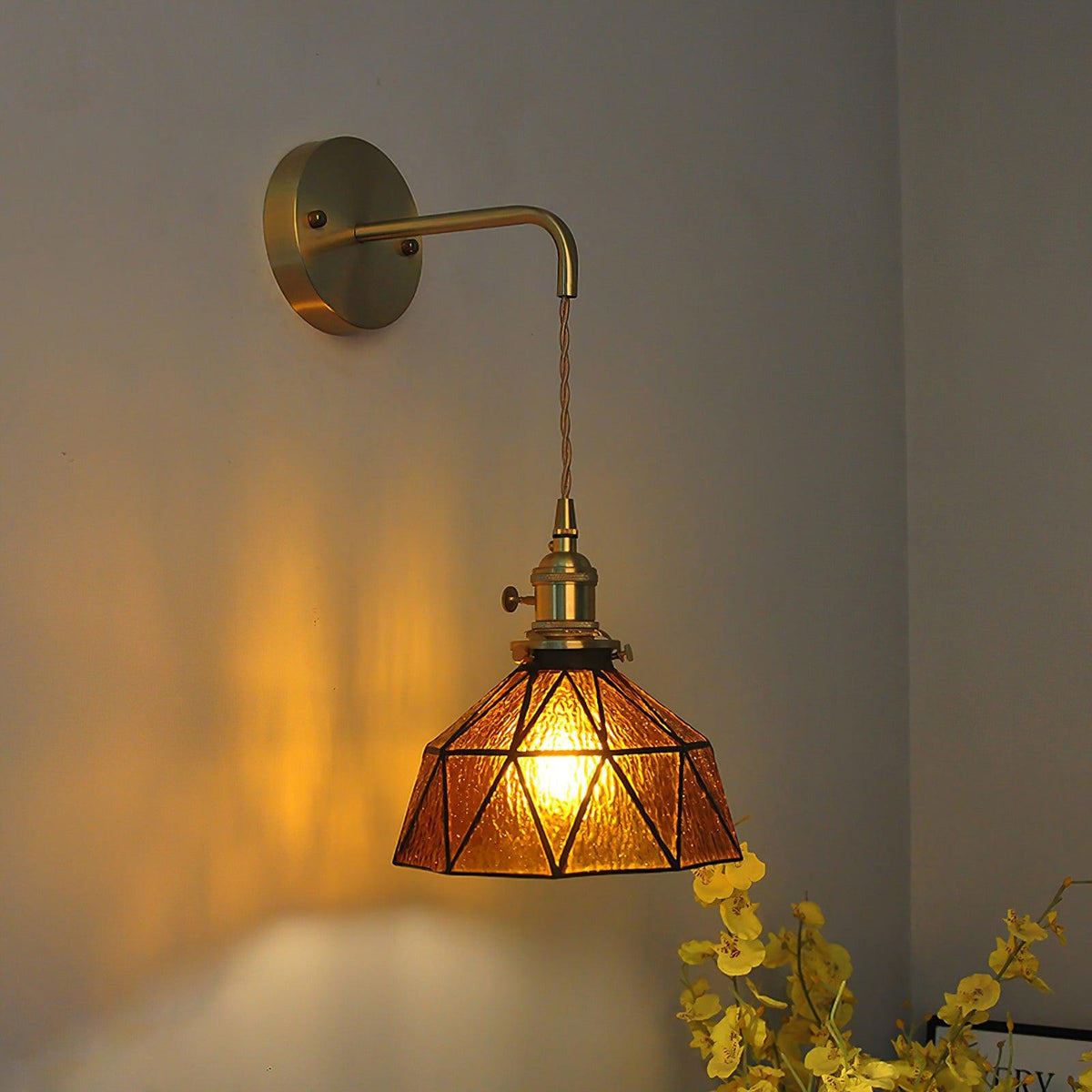 Wall Lamp Geometric Stained Glass Shade Vintage Brass Arm Pastoral