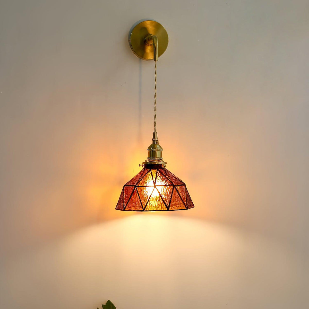 Wall Lamp Geometric Stained Glass Shade Vintage Brass Arm Pastoral