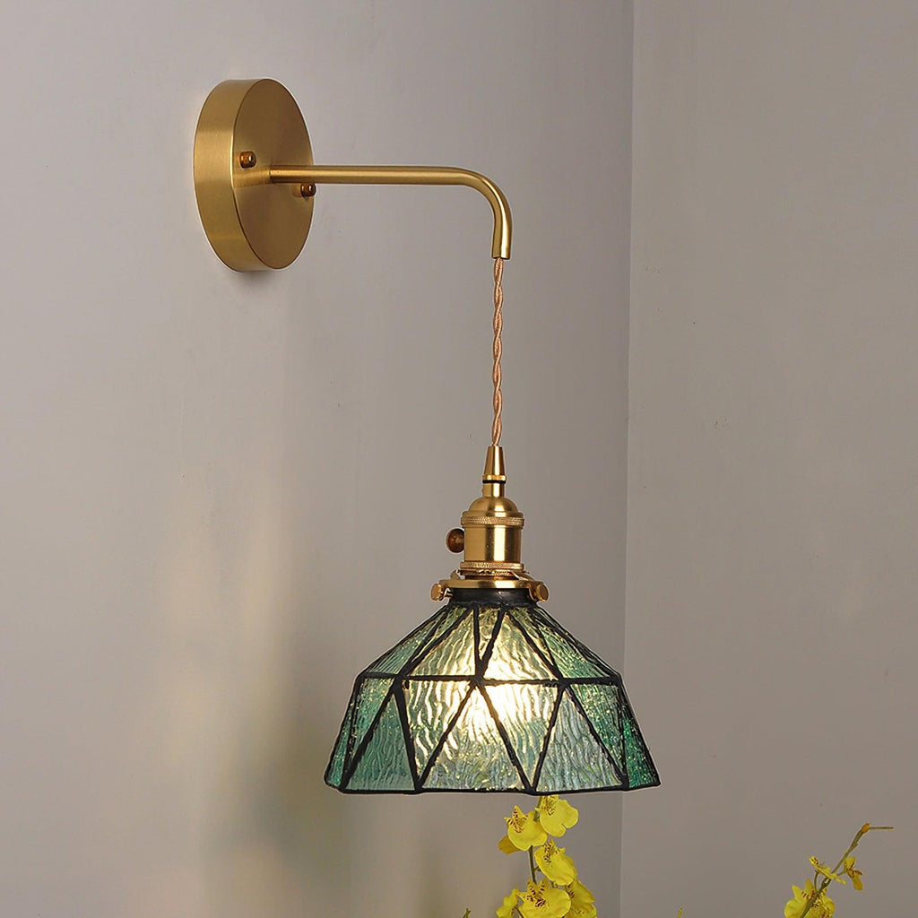 Wall Lamp Geometric Stained Glass Shade Vintage Brass Arm Pastoral